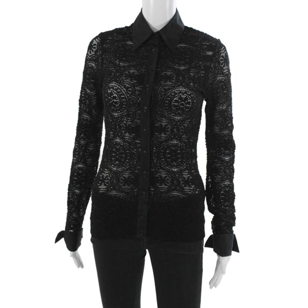 Anne Fontaine Women Collared Geometric Lace Button-Up Blouse Black Size 36